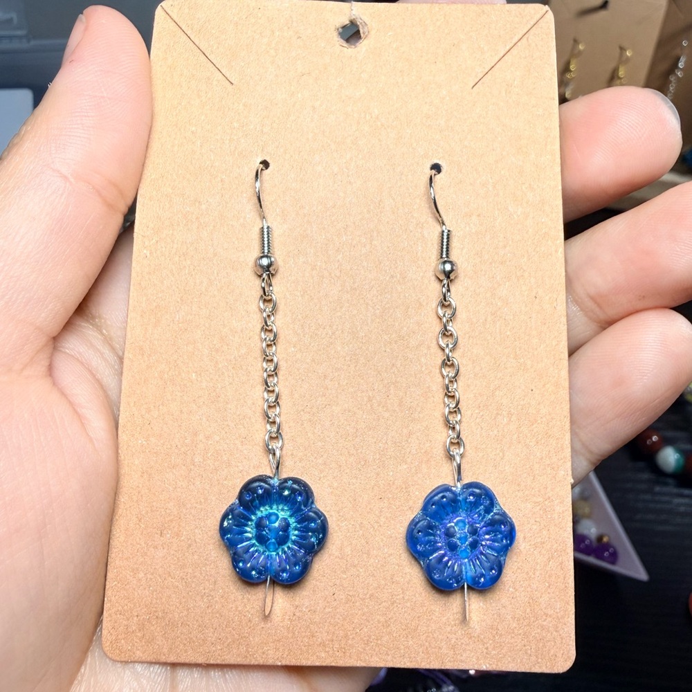 Blue Czech Glass Flower Dangle Earrings – Silver Plated Chain – Hypoallergenic - Picture 2 of 4